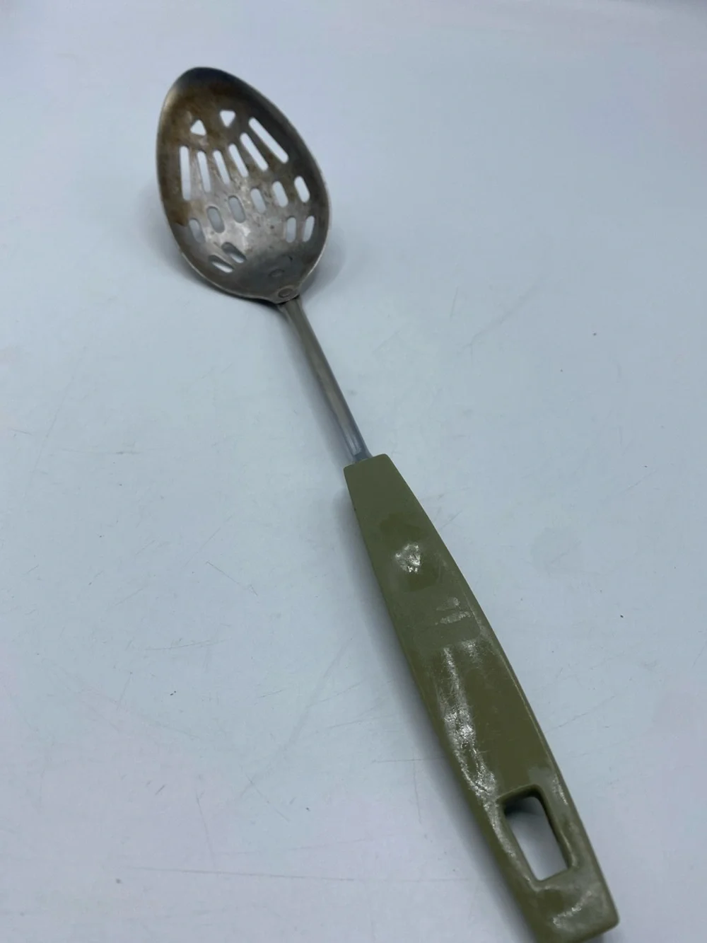 Vintage Ekco Slotted Spoon Utensil 12” Chromium Avocado Handled Metal 1970